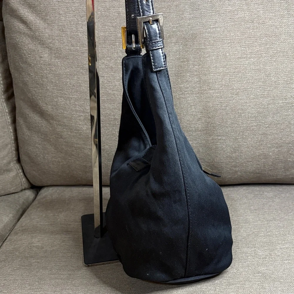 Vintage FENDI Black Linen Hobo Bag FF Hardware Authenticated